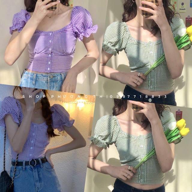 Áo croptop tím - áo kẻ tím ulzzang (hình shop tự chụp/sẵn)