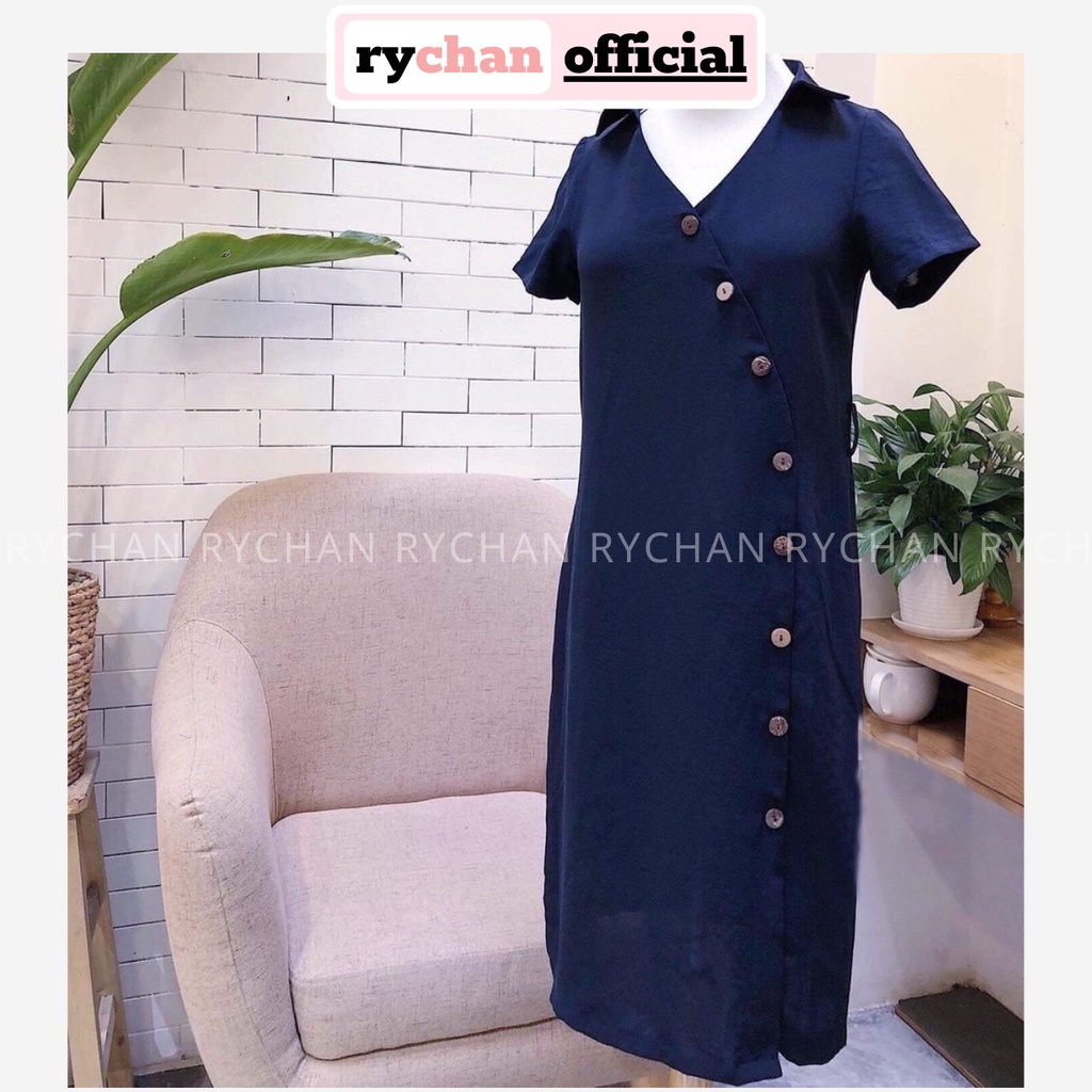 [ẢNH THẬT CUỐI] DX255 - Đầm Xòe Xanh Đen Nút Chéo Cổ Bẻ Cột Eo