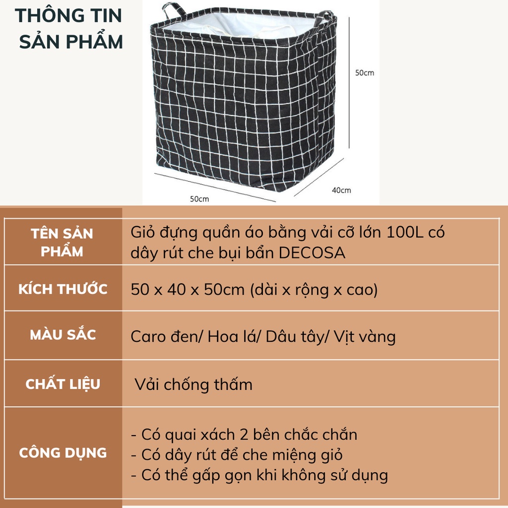 Giỏ đựng quần áo bằng vải cỡ lớn 100L có dây rút che bụi bẩn DECOSA