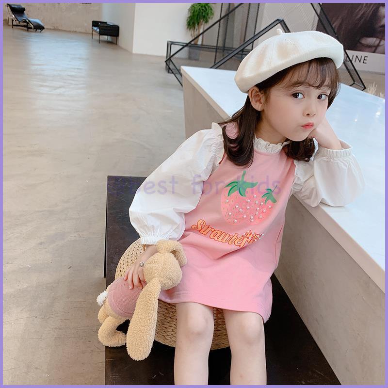 Đầm Công Chúa Tay Dài Họa Tiết Trái Dâu Dễ Thương Thời Trang Cho Bé Gái