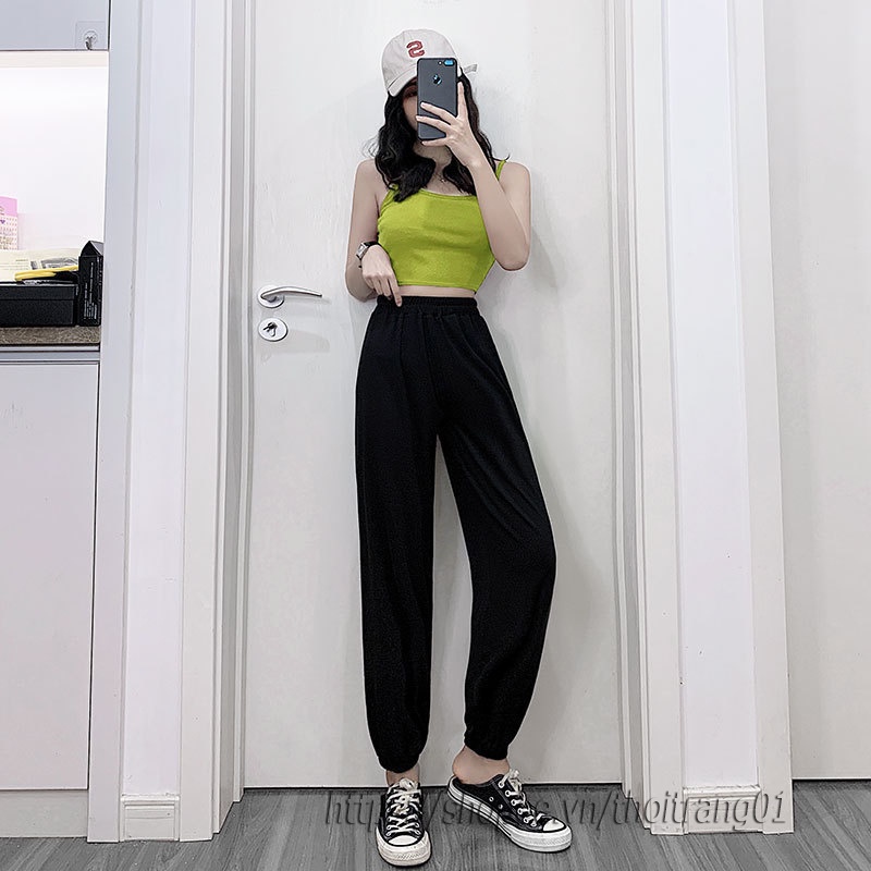 Quần ống rộng nữ bo gấu cạp chun thun lưng cạp cao quần dáng ông suông dài bigsize quần dài bo chân màu đen ảnh thật