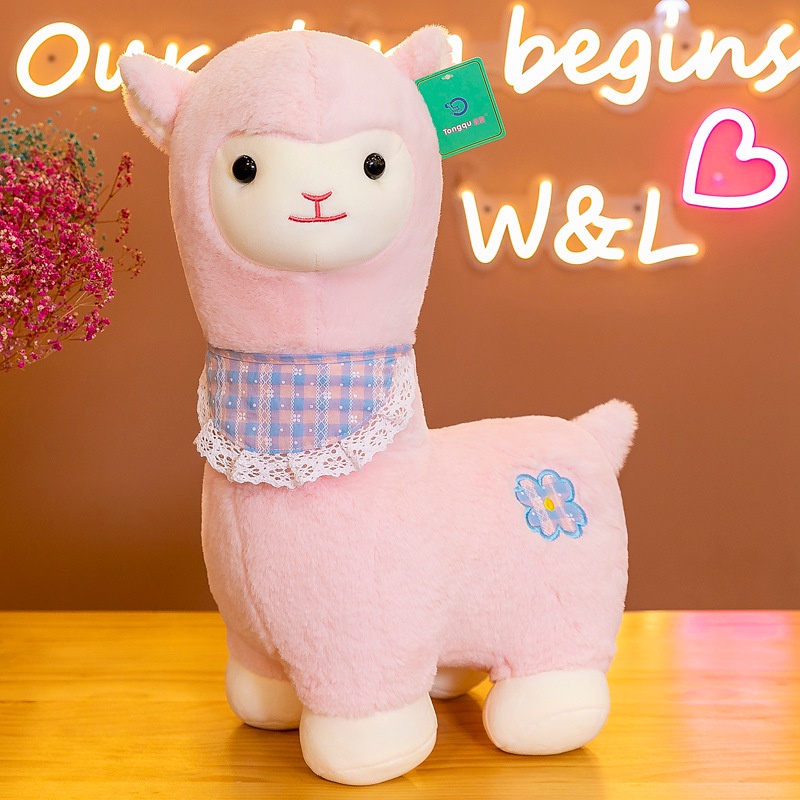 Gấu bông lạc đà Alpaca đeo khăn 2 màu trắng hồng- Thú nhồi bông Alpaca linh vật may mắn NEOCI