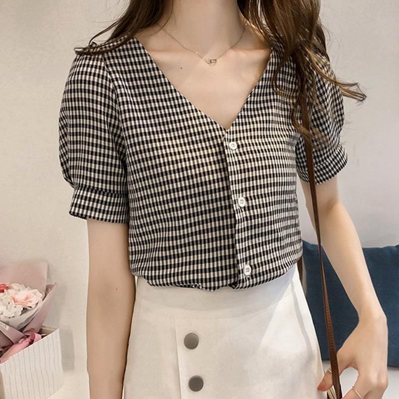 Áo Sơ Mi Tay Ngắn Dáng Rộng Cổ Chữ V Kẻ Ca-Rô Trẻ Trung Thanh Lịch Hợp Thời Trang