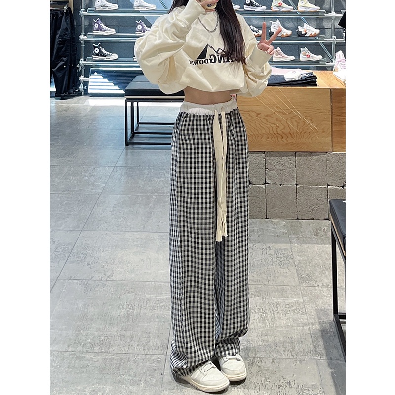 Thời Trang Quần Dài Ống Rộng Họa Tiết Caro Phong Cách retro