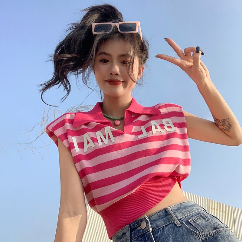 Áo Lửng Hai Dây Kẻ Sọc In Chữ Thời Trang Cho Nữ