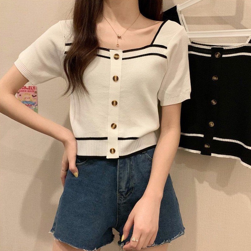 Áo Thun Ngắn Tay Cổ Vuông Phong Cách Phương Tây Thời Trang Mùa Hè Mới Cho Nữ