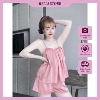 Đồ lụa mặc ở nhà bella – bộ đùi satin áo 2 dây xếp ly quần sọc chất lụa satin nhiều màu.