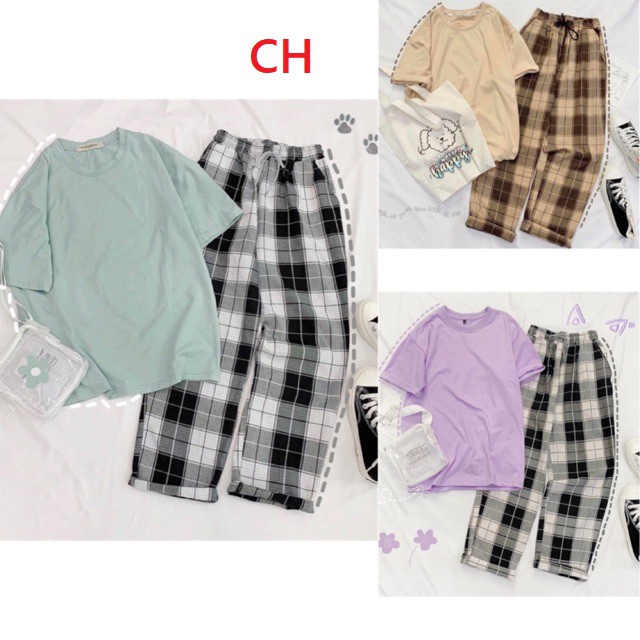 Sét áo phông Trơn + quần kẻ☝áo kiểu unisex from thụng chất đẹp☝quần lưng thun vải thể thao chất thể thao☝mát mẻ☝