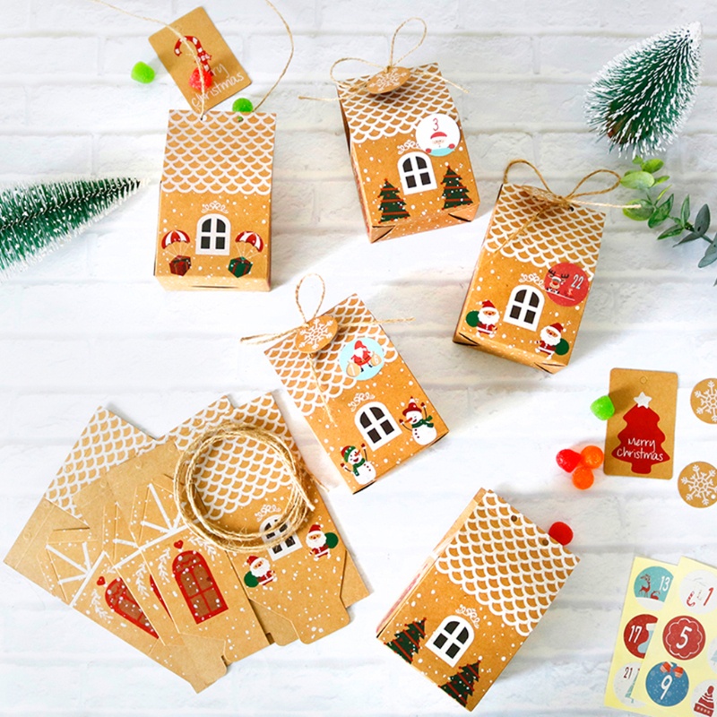 Set 24 bộ hộp đựng bánh kẹo hình ngôi nhà Giáng Sinh có miếng dán lịch mùa vọng 1-24 bằng giấy kraft và dây đay