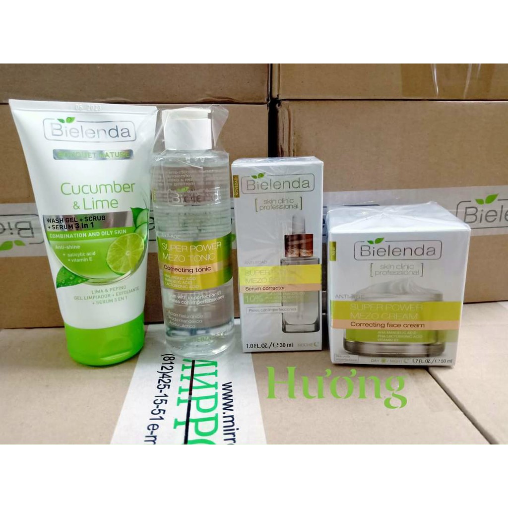 Bộ dưỡng da gồm 4 sản phẩm: sữa rửa mặt, nước hoa hồng ,Serum và kem Bielenda xanh lá phục hồi, trẻ hóa da