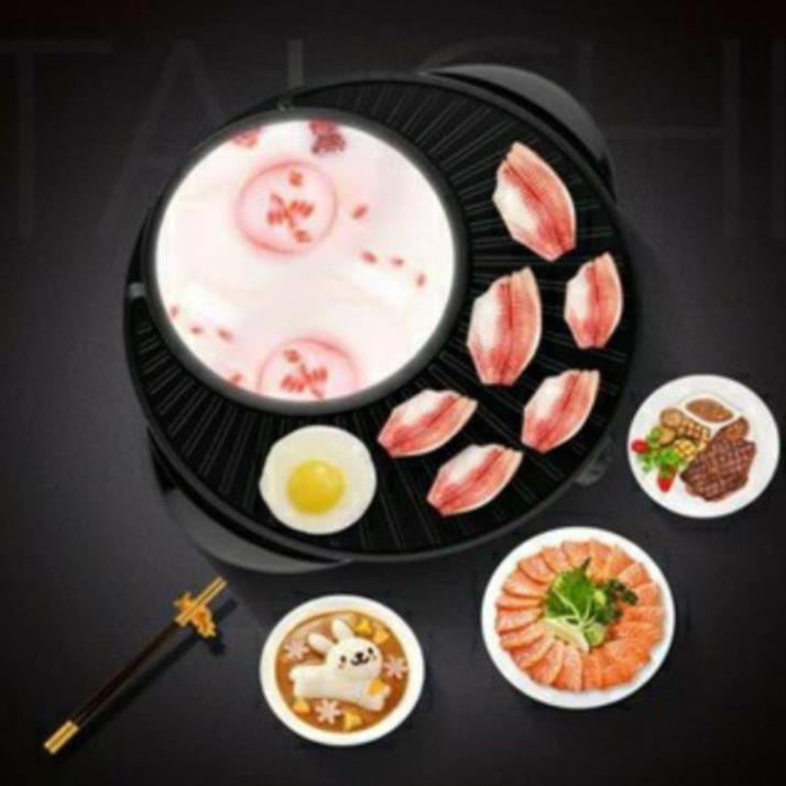 Nồi lẩu nướng tròn 2 ngăn Hàn Quốc 2in1 cao cấp - Lẩu nướng điện 2 trong 1 Thái Lan mặt đá