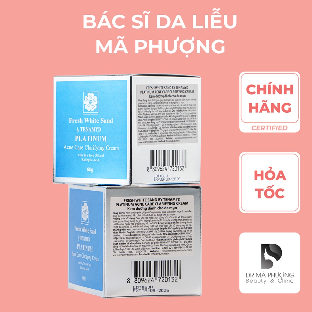Kem dưỡng giảm mụn, kiềm dầu Tenamyd  Fresh White Sand Platinum Acne Clarifying Cream - Dược Mỹ Phẩm Bác Sĩ Mã Phượng