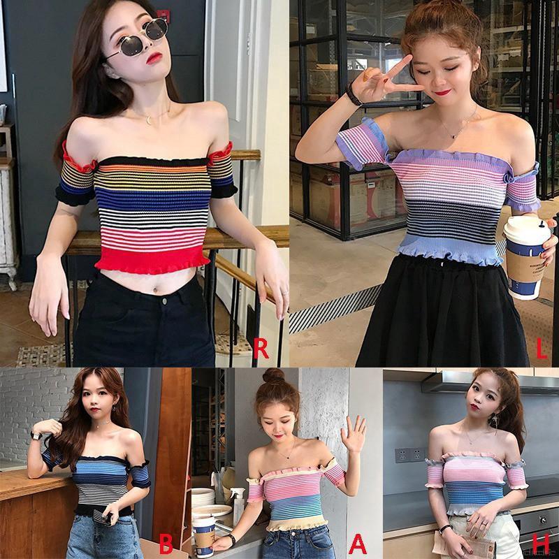 Áo Croptop dệt kim tay ngắn thiết kế trễ vai quyến rũ