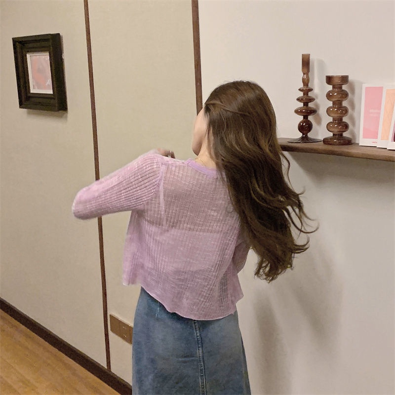 Áo Cardigan Dệt Kim Mỏng Tay Dài Cổ Chữ V Phong Cách Hàn Quốc