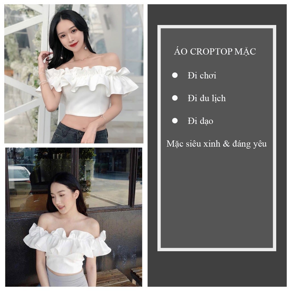 Áo trễ vai croptop nữ tay ngắn dáng bèo tiểu thư màu trắng chất voan lụa mềm mát - VIETSTAR