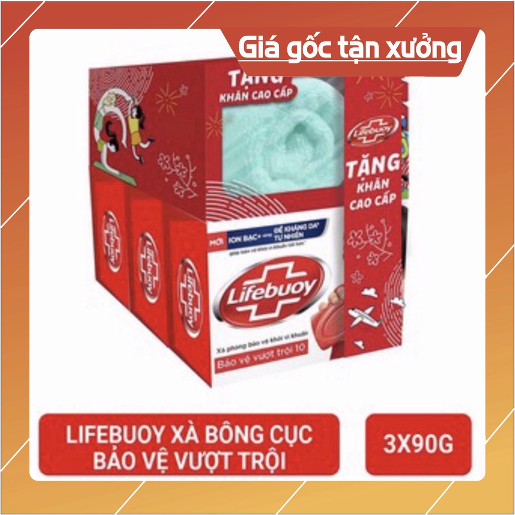 Combo 3 cục Xà Bông Cục Lifebuoy diệt khuẩn Bảo Vệ Vượt Trội tặng khăn