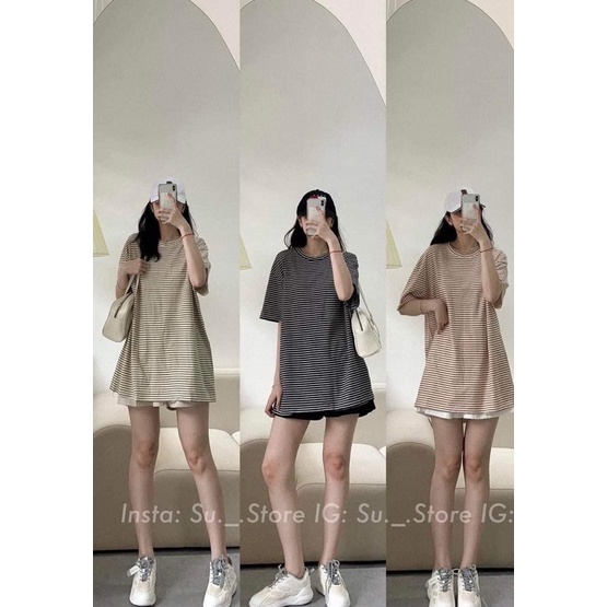 Set bộ áo 3 màu áo kẻ ngang tay lỡ kèm quần short kaki năng động trẻ trung dành cho nữ Nhungkudostore