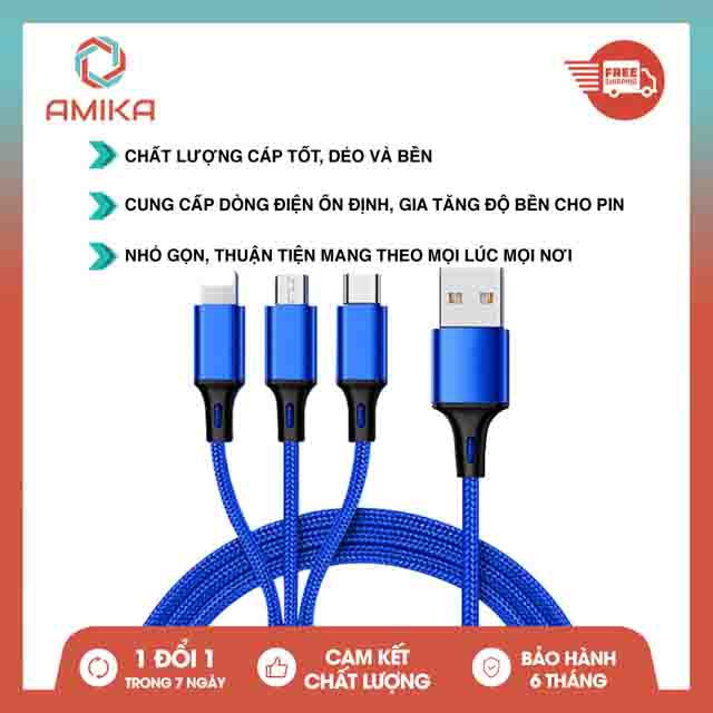 Cáp sạc đa năng 3 đầu Lightning - MicroUSB - Type-C dài 1m2 sạc 3 thiết bị cùng một lúc.Cáp Sạc Nam Châm,Cáp Sạc Iphone.