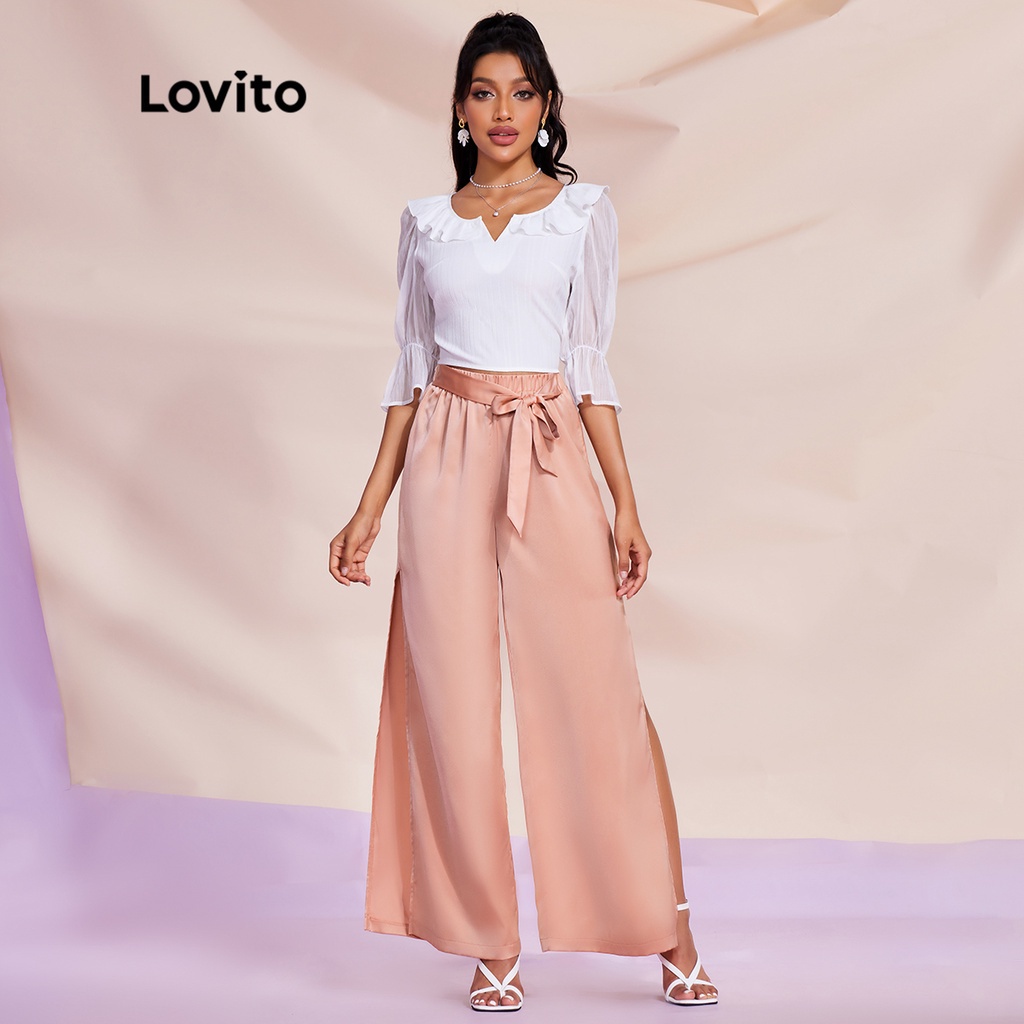 Quần dài (Lovito Exclusive) STIPPLING WORLD Tách ren trơn Bình thường L28LE045 (Hồng san hô)