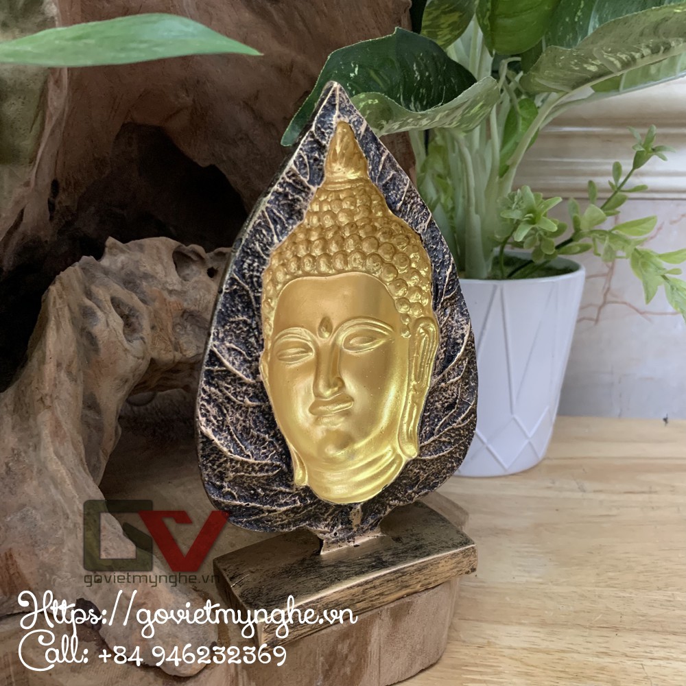 Tượng Đá Phật Thích Ca 3D Lá Bồ Đề - Chiều cao 18cm - Màu Nhũ Vàng