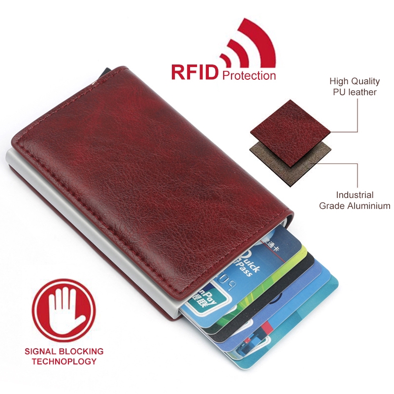 Ví da PU đựng thẻ RFID có khóa kim loại từ tính cho nam và nữ