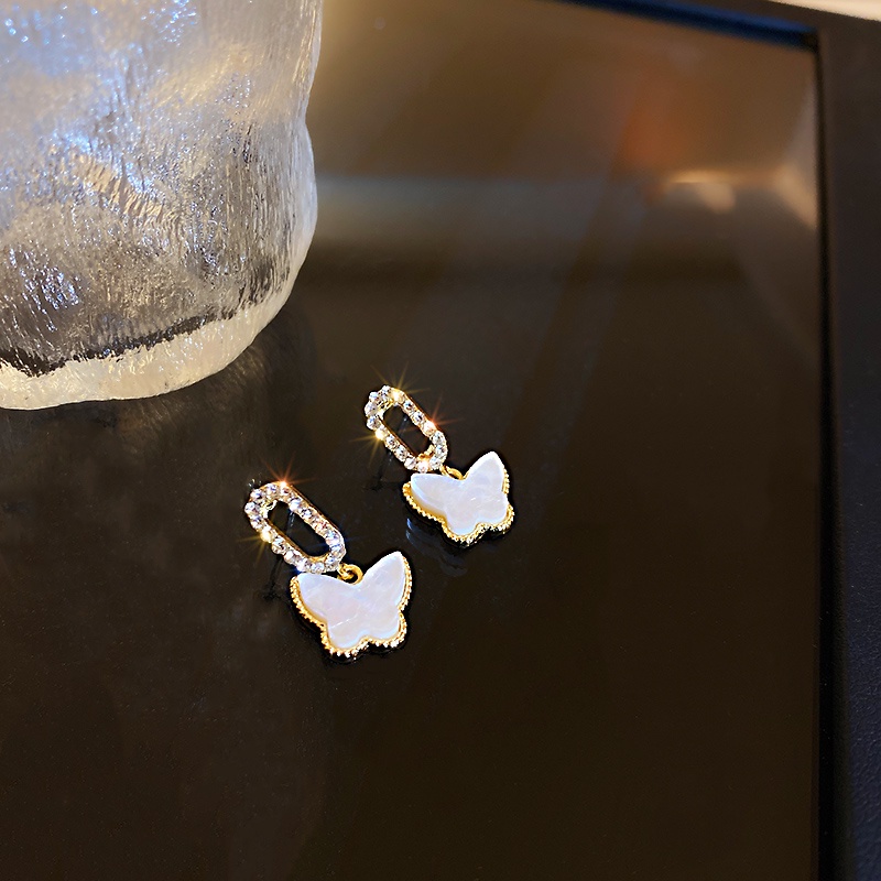 Bông Tai Hình Tròn Họa Tiết Bướm Đính Đá Lấp Lánh Phong Cách Hàn Quốc Thời Trang Cho Nữ