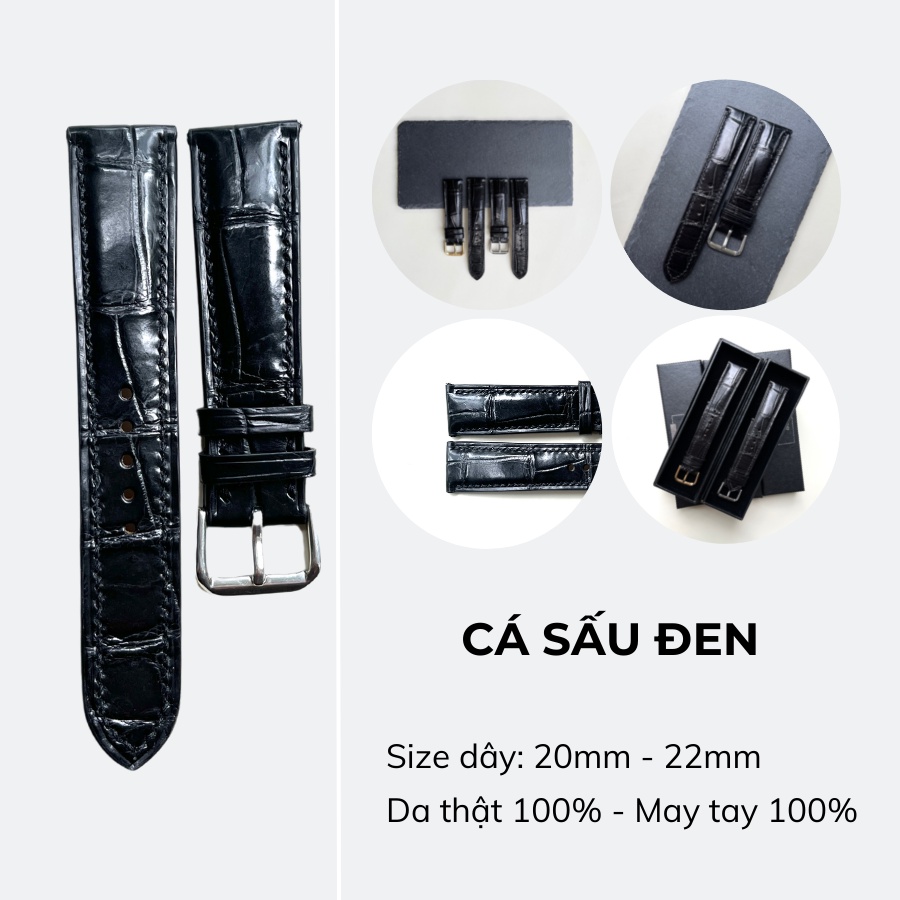 Dây Đồng Hồ Da Cá Sấu Thật Size 22mm, 20mm, Handmade Cao Cấp, Màu Đen, Chống Nước, Chính Hãng, Bảo Hành 6 Tháng