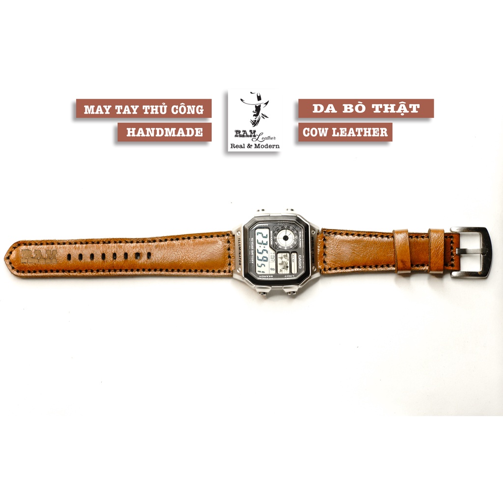 Dây đồng hồ RAM Leather 1980 cho CASIO 1200, AE 1200, 1300, 1100, A159 , A168 , Size 18 da bò nâu sáng