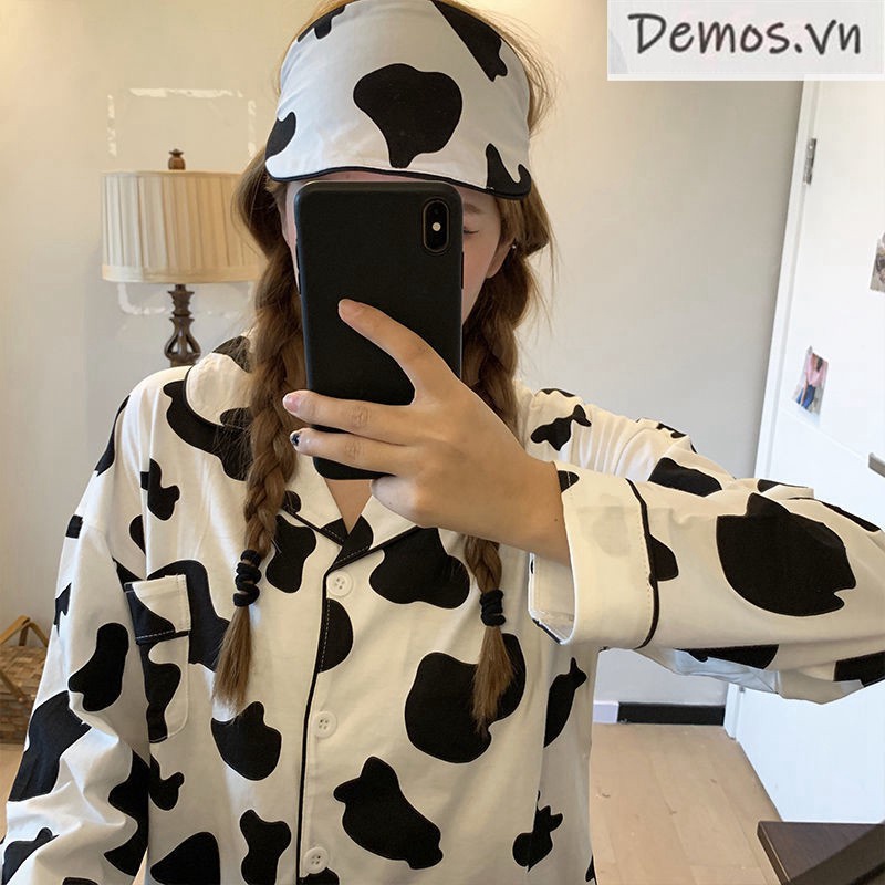 Bộ đồ ngủ tay dài họa tiết đốm bò sữa độc đáo dành cho nữ | BigBuy360 - bigbuy360.vn
