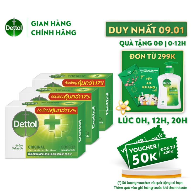 [Mã FMCGDET4 - 8% đơn 250k] Combo 3 xà phòng Dettol kháng khuẩn 100G