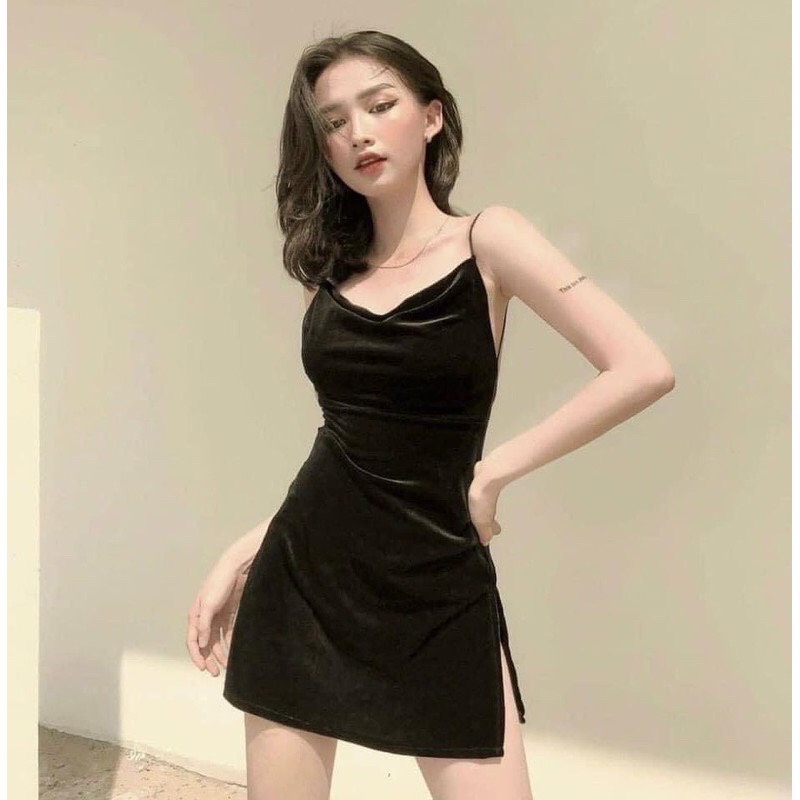 Đầm 2 dây nhung cổ đổ hở lưng phong cách retro, váy nhung xẻ tà D214