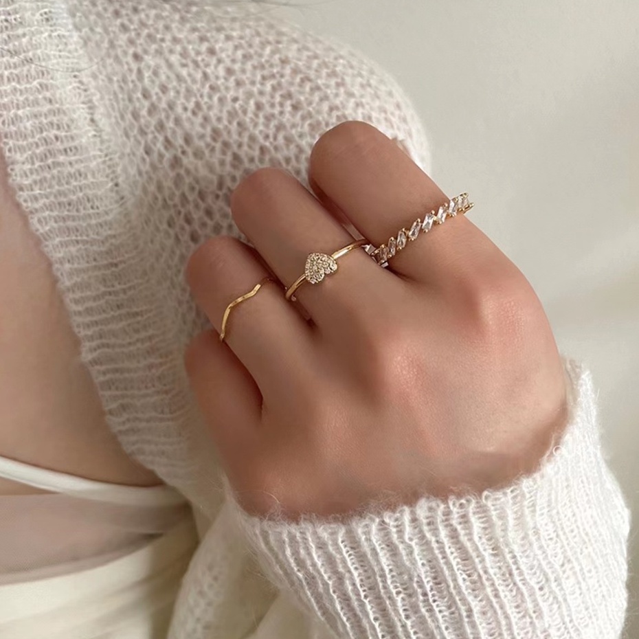 Bộ Ba Nhẫn Đeo Ngón Tay Đính Đá Zircon Tinh Xảo Hợp Thời Trang Cá Tính Có Thể Điều Chỉnh