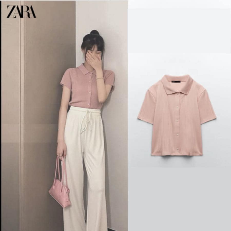 Áo polo hồng gân dọc cúc