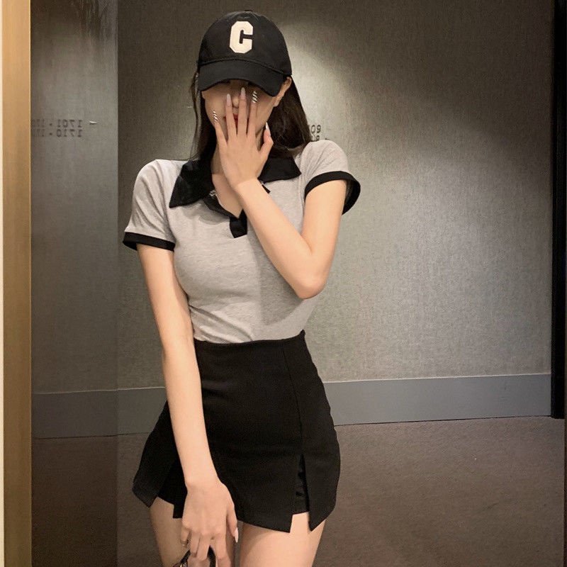 Jiashucheng Set Áo Thun Ngắn Tay Cổ Chữ v + Chân Váy Xẻ Tà Màu Sắc Tương Phản Thời Trang Mùa Hè Cho Nữ