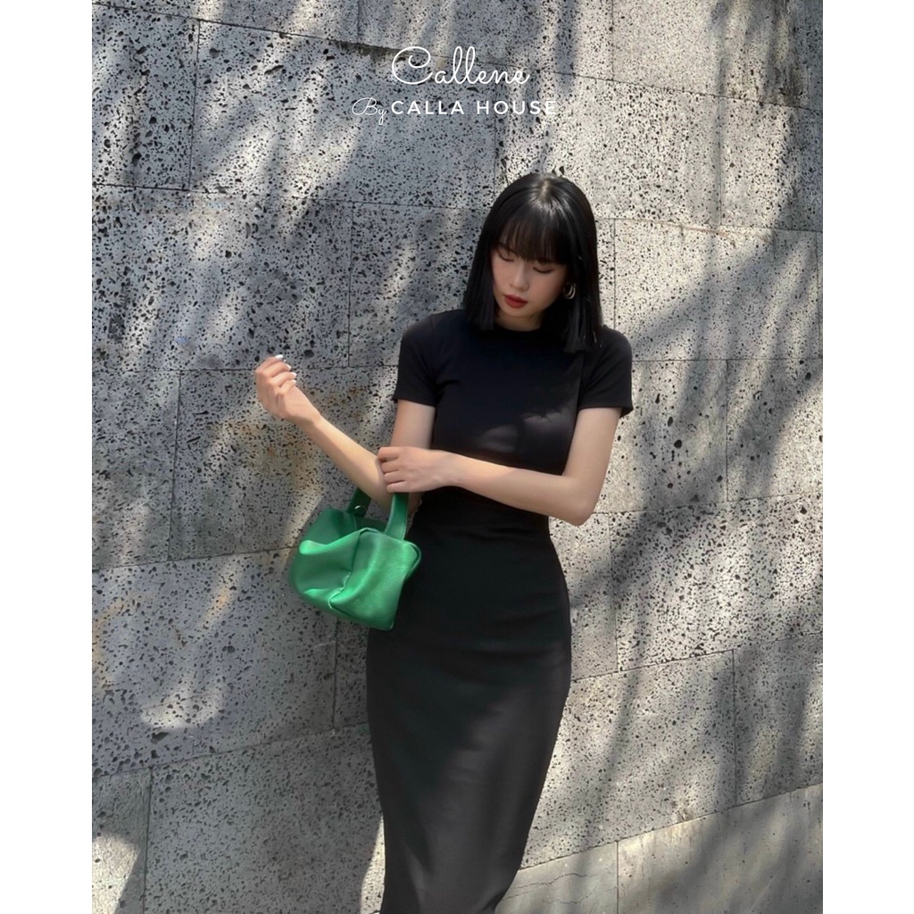 Đầm body thun trơn dáng dài tay ngắn cổ tròn nhún eo tôn dáng Callene