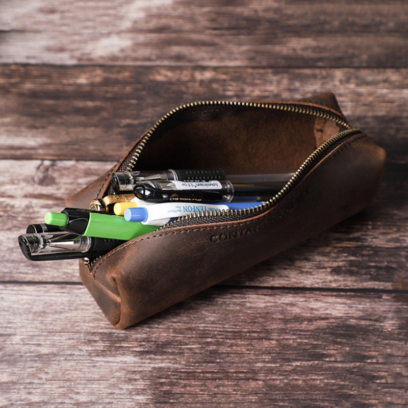 Túi Đựng Bút Bằng Da Bò Thật Có Khóa Kéo Phong Cách Vintage