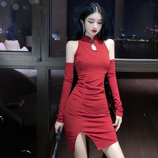  Phong cách Trung Quốc Retro Cải tiến Sườn xám Váy ôm eo hẹp gợi cảm cạp cao