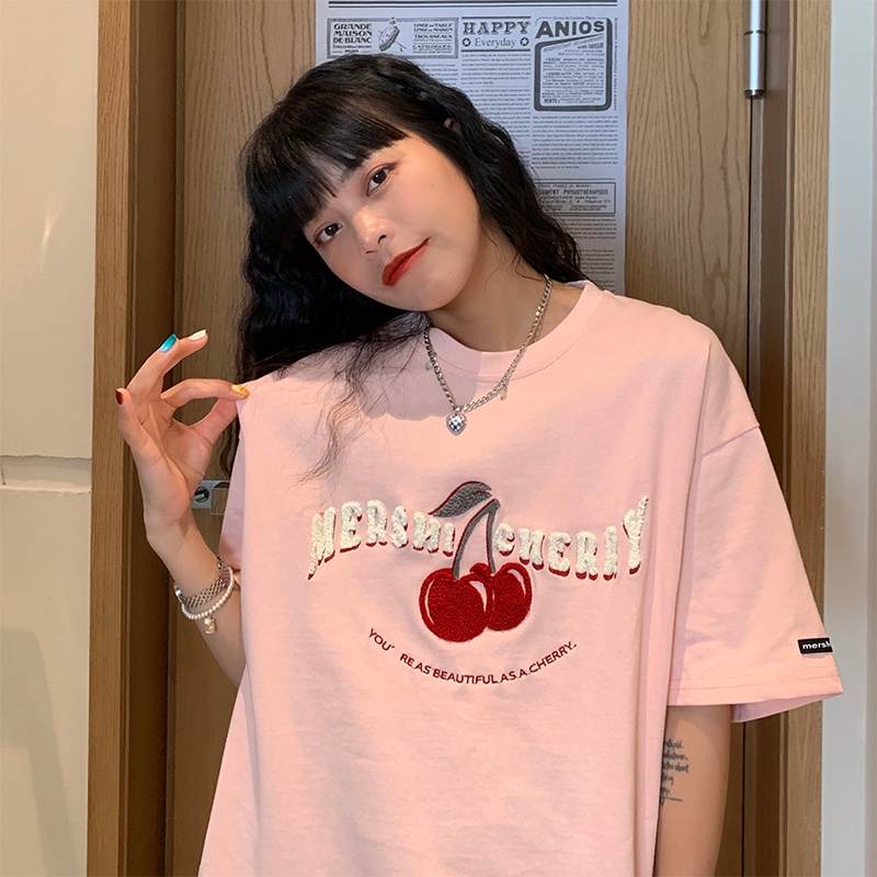 Áo thun SUXI ngắn tay cổ tròn in họa tiết trái cây đơn giản cho nữ