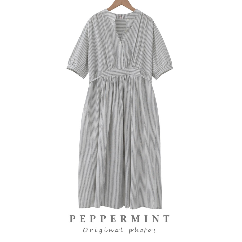 Đầm dài ngắn tay họa tiết kẻ sọc thời trang Hàn Quốc mùa hè mới thanh lịch 44715