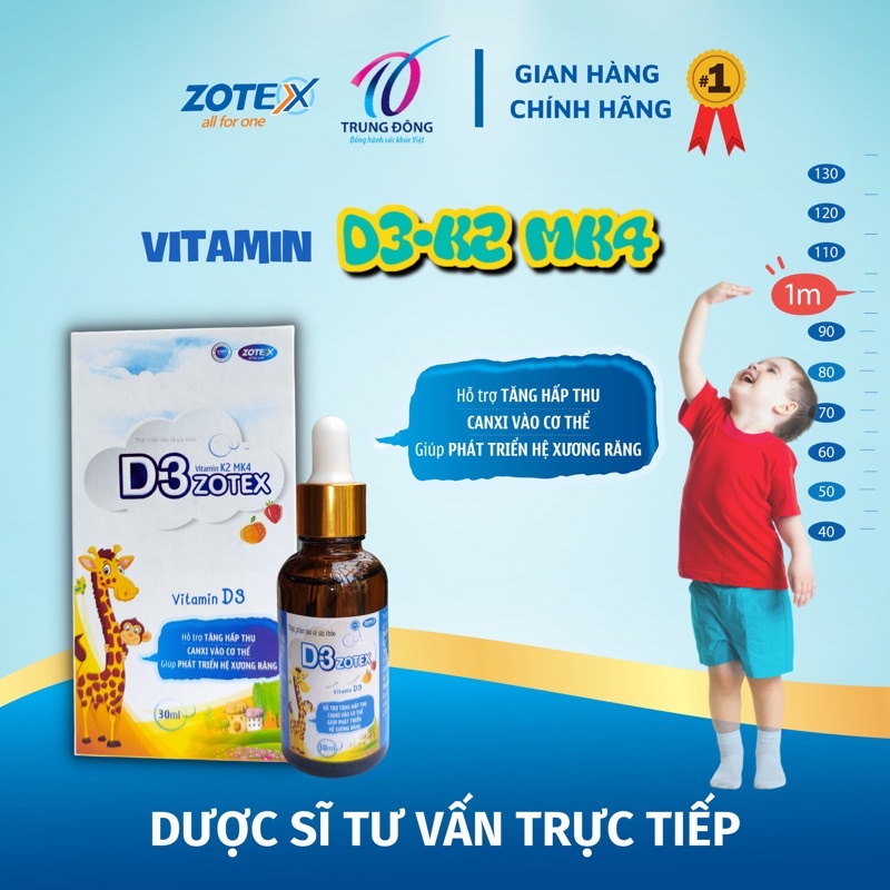 Vitamin D3 K2 MK4 Zotex tăng cường khả năng hấp thu canxi cho bé phát triển hệ xương răng chắc khỏe chống còi xương 30ml