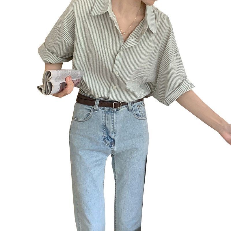 Áo Sơ Mi Nữ Ngắn Tay Kẻ Sọc Phong Cách Hàn Quốc Cổ Điển