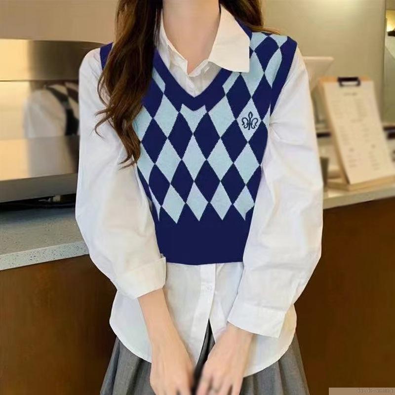 Áo Sweater Dệt Kim Không Tay Cổ Chữ V Dáng Rộng Phong Cách Preppy Thời Trang Mùa Thu Cho Nữ