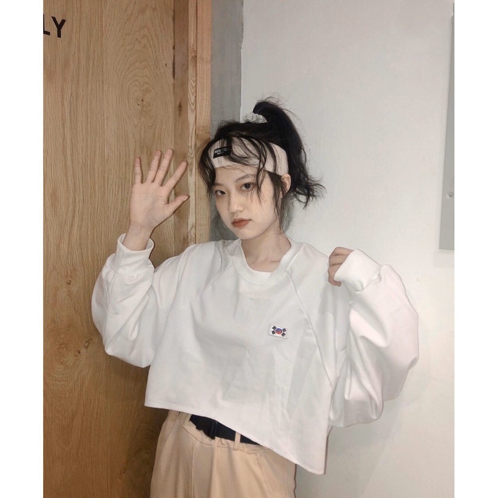 ÁO CROPTOP TAY DÀI HÌNH LÁ CỜ HÀN - ÁO THUN NỈ DÀI TAY CRT LOGO CỜ HÀN TÍM TRẮNG | BigBuy360 - bigbuy360.vn
