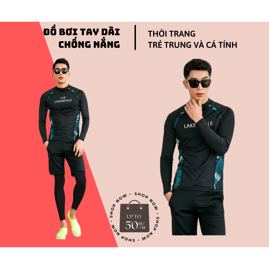 Đồ bơi tay dài nam, đen họa tiết lá bên hông ba mảnh
