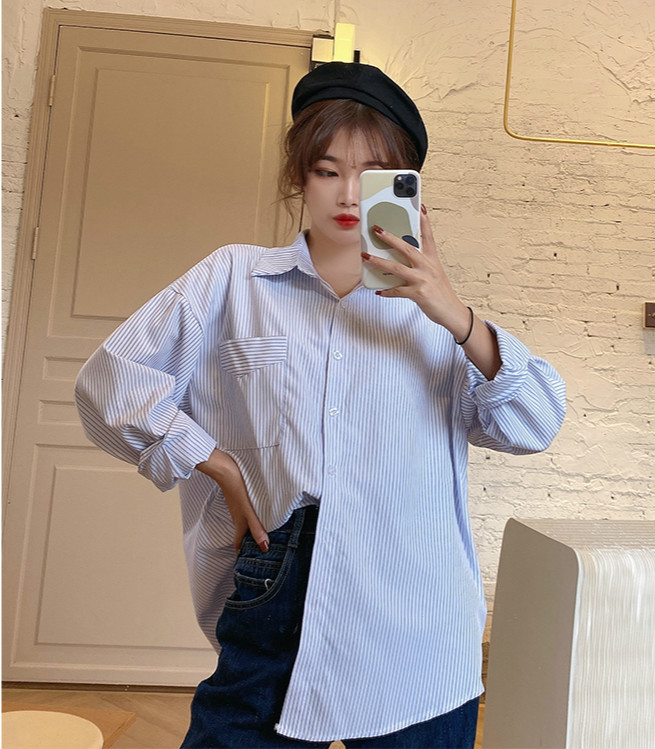 SUXI Áo Sơ Mi Nữ Tay Dài Kẻ Sọc Phong Cách Retro