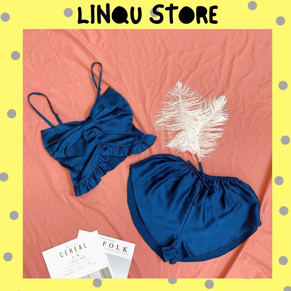 Đồ Ngủ Nữ, Đồ Ngủ Sexy 2 Dây Satin Nhún Nơ Dễ Thương Freesize Dưới 55kg - Linqu Sleepwear