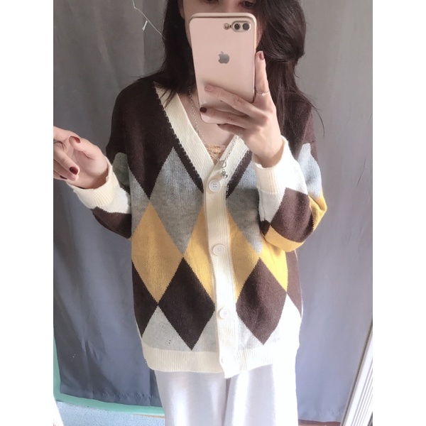 Áo khoác Cardigan len hoạ tiết trám phối màu, Áo khoác len dáng dài trùm mông(kèm ảnh/video shop chụp) | BigBuy360 - bigbuy360.vn