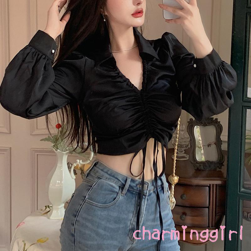 Áo Sơ Mi Crop Top Vải Satin Tay Phồng Cổ Chữ V Màu Trơn Phối Dây Rút Phía Trước Cho Nữ