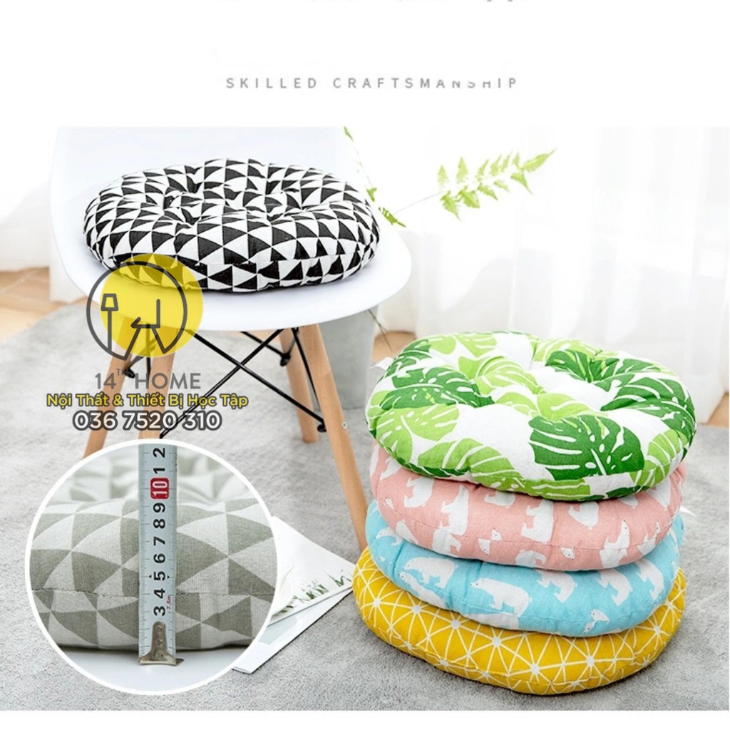 ĐỆM NGỒI BỆT LÓT GHẾ Vải Cotton Bố Phong Cách Nhật Bản  thêu Vi Tính - Lót Bông Hạt cao cấp - Loại Tròn