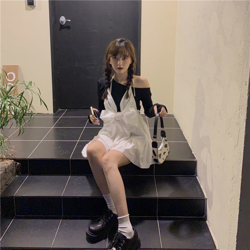 Bộ trang phục IELGY gồm áo trễ vai kèm đầm cổ yếm phối nơ thời trang retro cho nữ (có bán lẻ)